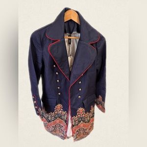 NORACORA British Military Inspired Coat with Floral Detail Women Size Small Blue